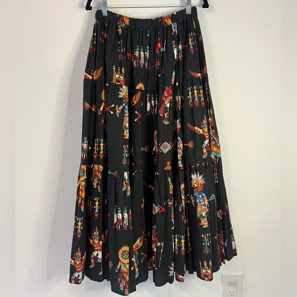 Vintage Native American kachina doll print tiered skirt small - Picture 2 of 7